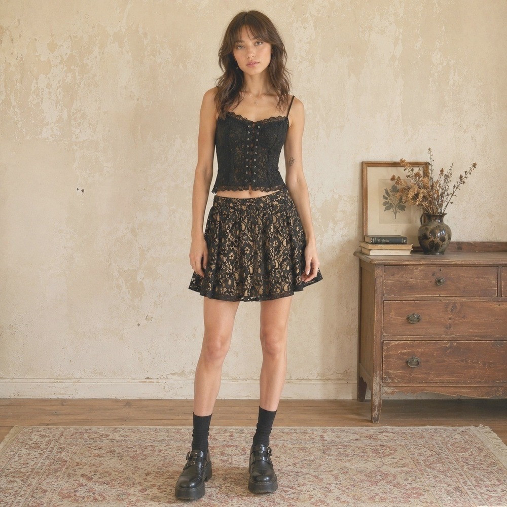 Guess Black Lace Skater Mini Skirt Medium Fairy Grunge Indie Sleaze Y2K Goth
